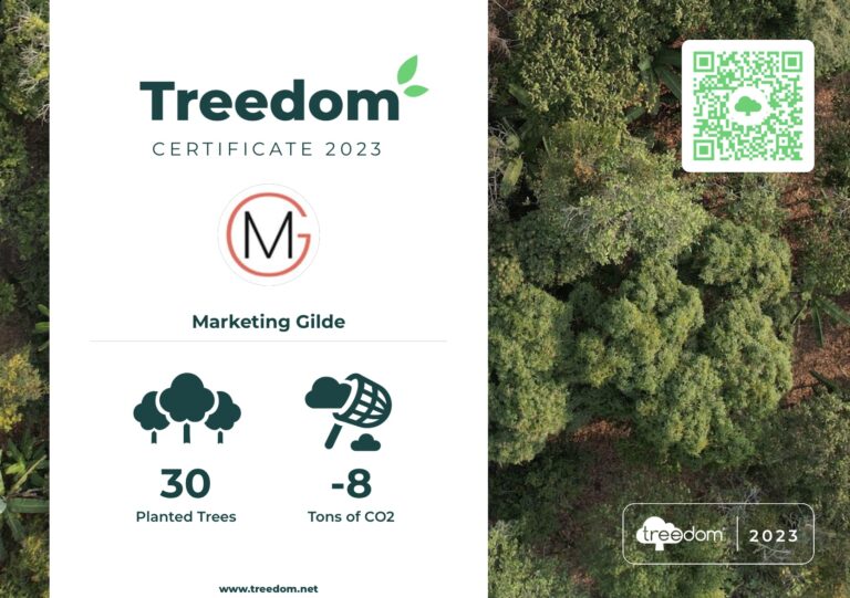 Treedom Certificate 2023 - Marketing Gilde, weißes Banner mit Daten zu 30 gepflanzten Bäumen und 8 gesparten Tonnen von CO2 über Waldansicht von oben
