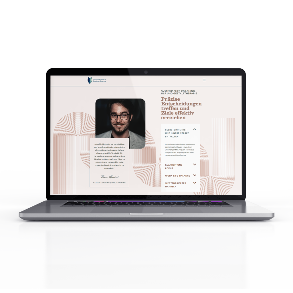 Laptop-Mockup einer Unterseite der Website von Thomas Harnisch Excellence Coaching – gestaltet von der Marketing Gilde mit modernem Webdesign, strukturiertem Layout und professionellem Copywriting für systemisches Coaching, NLP und Gestalttherapie.
